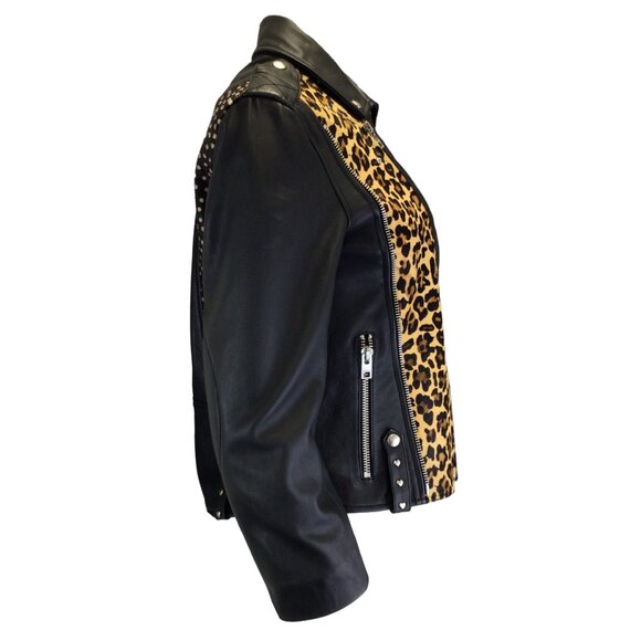 ZADIG & VOLTAIRE BLACK MULTI LIYA LEOPARD PATCH LEATHER BIKER JACKET - Picture 2 of 5